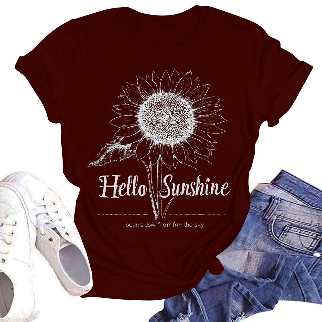 Women's Casual Fashion Street Slim Short Sleeve Sunflower Printed T-Shirt Top