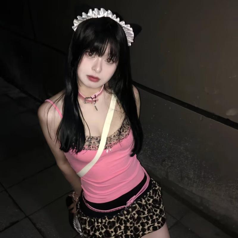 Vintage Leopard Print Stitched Crop Top Women Casual Sleeveless Cute Bow Patchwork Strap Tees Y2k Summer Crop Tops Ladies