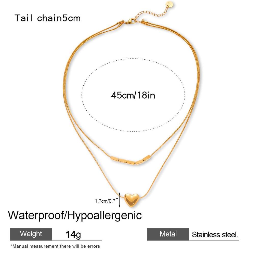 Stainless Steel Double Layer Heart, Star & Round Bead Necklace - Fashionable Clavicle Chain for Women, European, American High-End Style