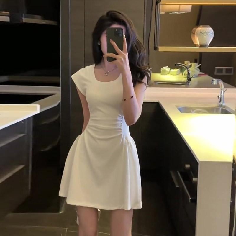 French High-end Waist-hugging Green Dress for Women, New Summer Pure and Versatile A-line Short Skirt