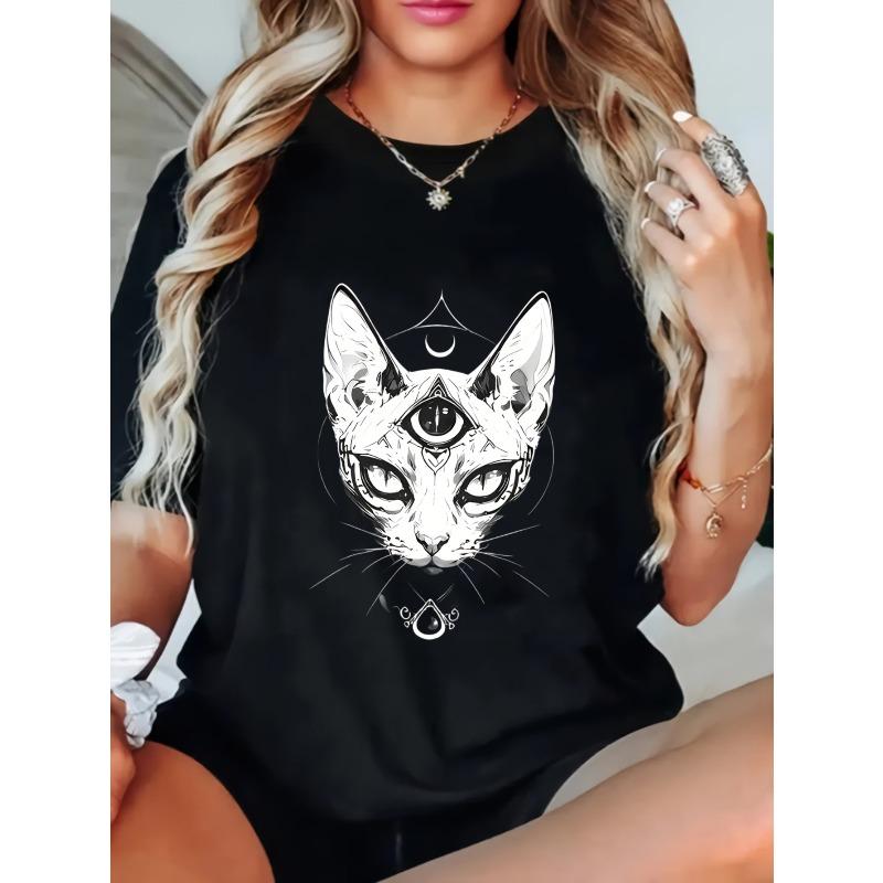 Women Casual T Shirt Black Cat With Third Eye And Moon Symbol Print For Everyday Wear And Boho Style Outfits