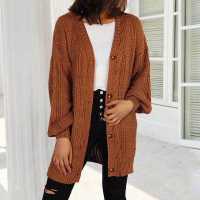 Women's Autumn and Winter Knit Solid Color Cardigan V-neck Twist Lantern Sleeve Sweater