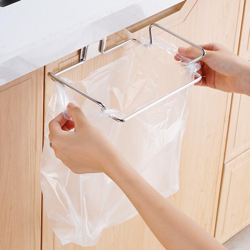 1Pc Stainless Steel Kitchen Garbage Rack: Household Wall Mounted Plastic Bag Storage Rack, Kitchen Storage Daily Essential Tools