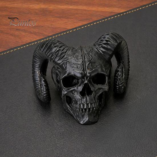 Personalized Goth Room Decor 3D Printed Goat Horn Skull Ornament, Gothic Ram Horned Devil Handmade Style Desktop Skull, Halloween Dark Statue for Home