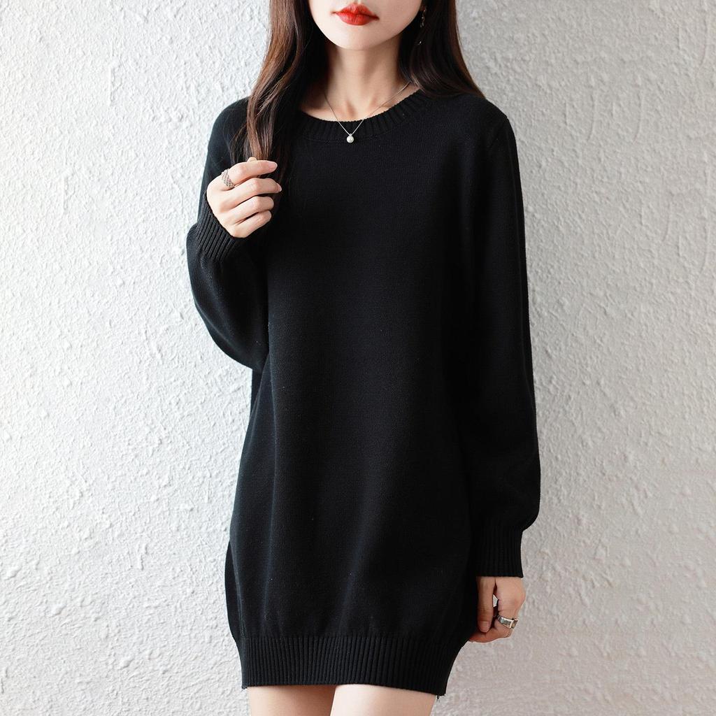 Women's Mid-Length Knitted Cotton Sweater Dress - Solid Color, Round Neck, Thick, Hip-Wrapping, Loose Fit