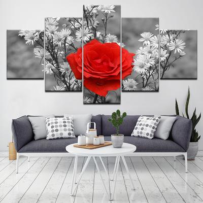 Muurkunst Canvas Schilderij 5 Panelen Rode Roos Lijst Huis Modern Modulair Woonkamer Decoratief Kunstwerk Kader