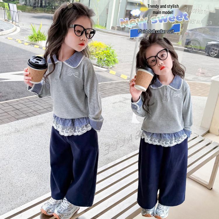 Meng Tang Tang Spring Girls' Color Block Bib Pants & Sweatshirt Set - Baby Korean Style Two-Piece.