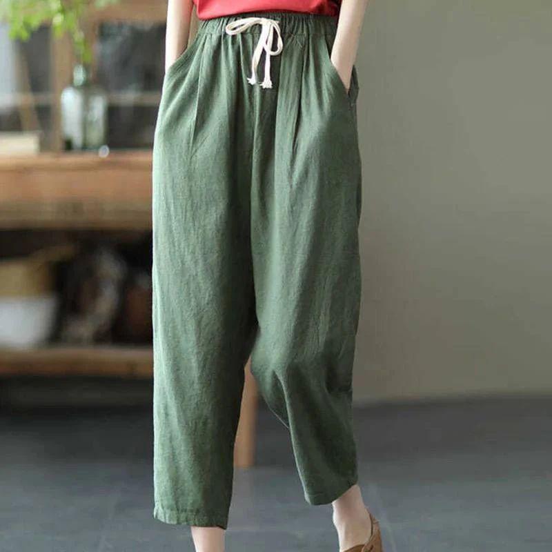 Literary Solid Color Casual Pants for Women Elastic Waist Slimming Casual Cropped Pants for Women Versatile Feet Drawstring Harem Pants for Women