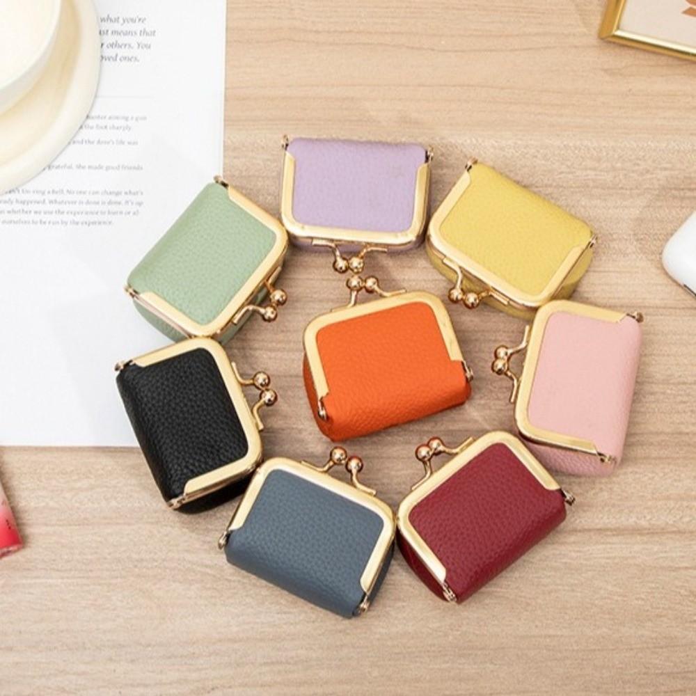 Solid Color Kiss Lock Coin Purse Genuine Leather Small Item Bag Leather Jewelry Bag  Earrings