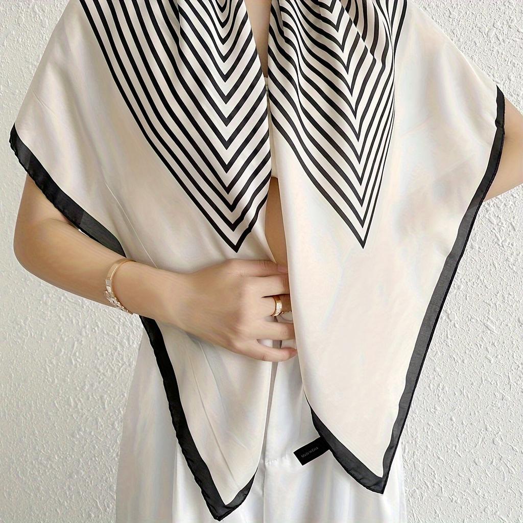 35.43" Black/White Striped Square Scarf, Elegant Simulated Silk Thin Shawl, Casual Sunscreen Windproof Head Wrap For Women