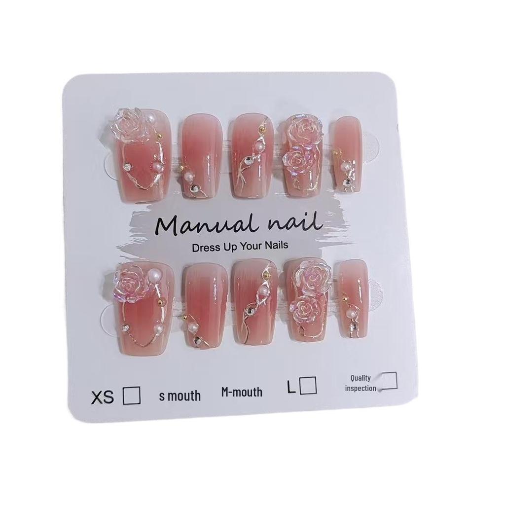 Short Blush Camellia Nails Set - 10 Pieces Gold Line Design
