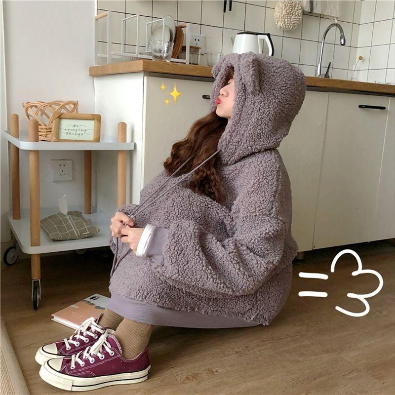 Winter Lamb Plush Coat Women's Teddy Bear Hoodie Women's Loose Jacket Women's College Style with Thickened Fleece