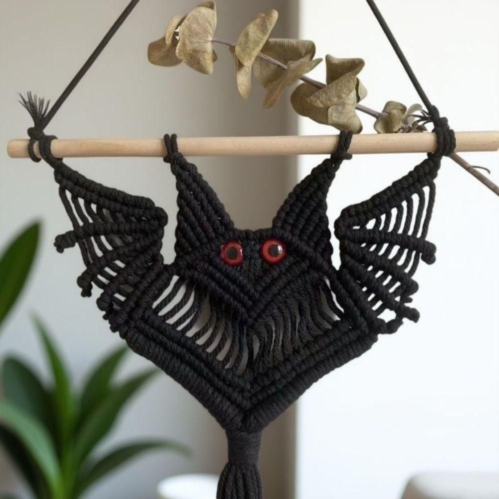 Seasonal Handmade Bat Tapestry Woven Bat Pattern Halloween Wall Hanging Macrame Decor Halloween Party
