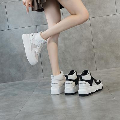 High-top Little White Shoes Women's New Leather Casual Shoes Internet Celebrities Thick-soled Heightening Sports Muffin Shoes