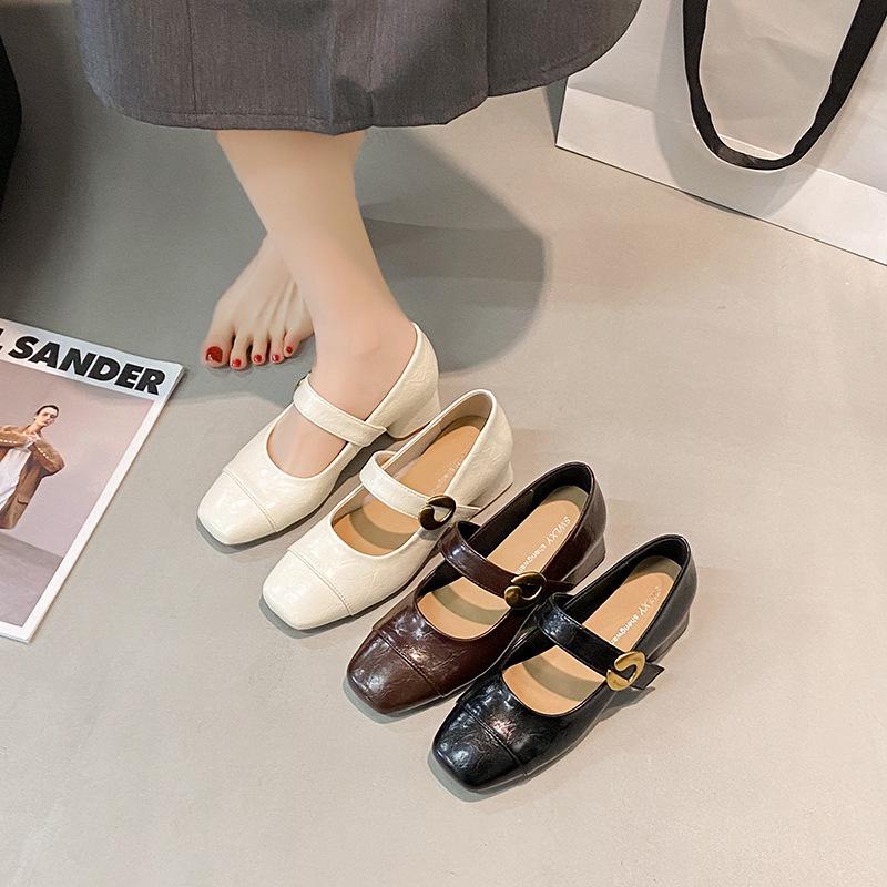 2025 Autumn Korean-Style Mary Janes: Soft Leather Square-Toe Chunky Heel Mid-Heel Shoes for Women