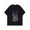 Black Cat Print T Shirt Black Color Glowing Blue Eyes Kitten Design Casual Wear for Women Daily Outfit Street Style Fashion Top