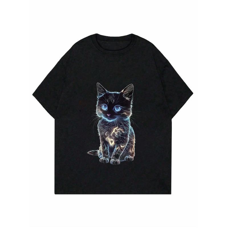 Black Cat Print T Shirt Black Color Glowing Blue Eyes Kitten Design Casual Wear for Women Daily Outfit Street Style Fashion Top