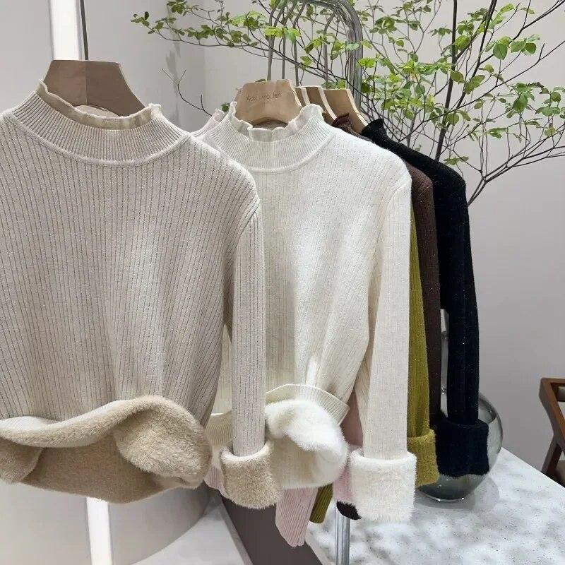Autumn And Winter Thick Plush Velvet Sweaters Women Half High Collar Lace Knit Jumper Sweater Casual Solid Warm Pullovers 29787