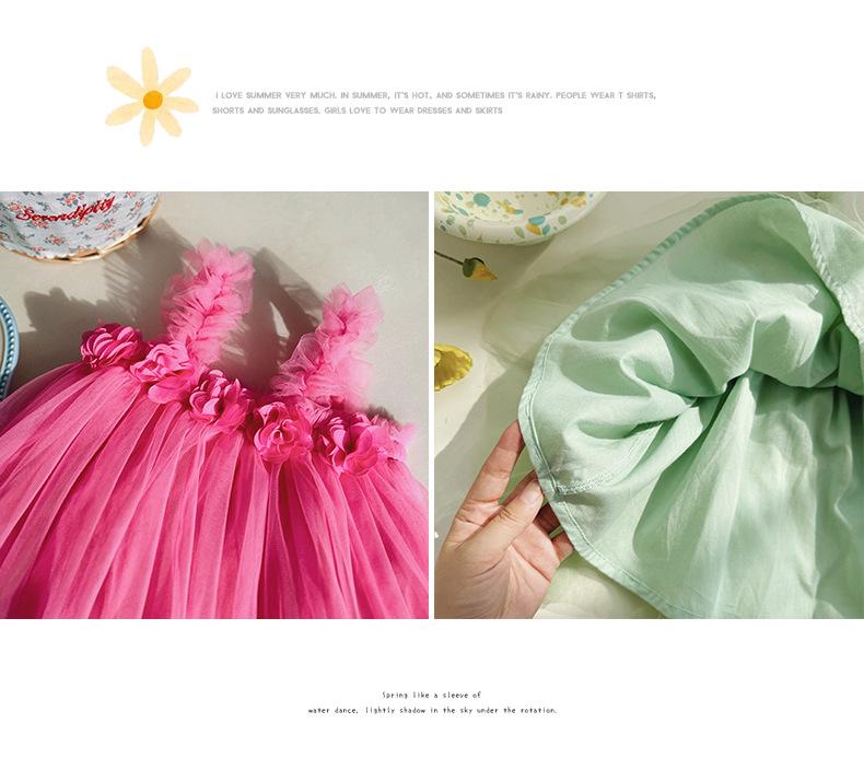 Rochie de Plajă Summer cu Bretele din Plasă și Flori 3D pentru Fete Dulci - Fustă Pufoasă de Prințesă pentru Bebelușe.