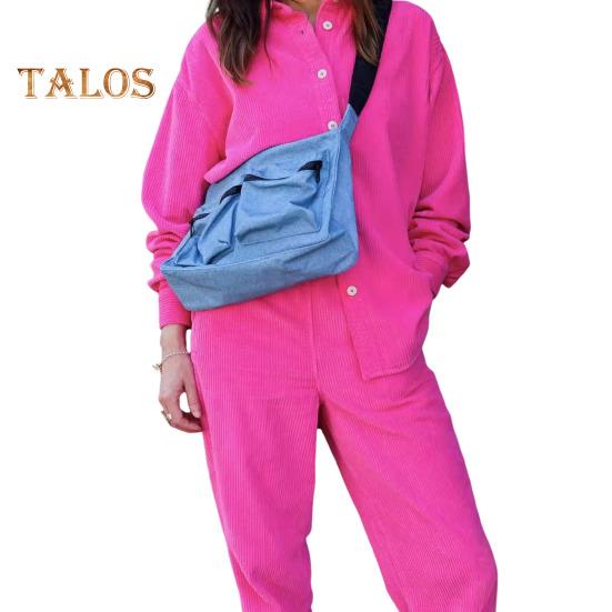 2-teiliges Set mit Hemd und Hose für Damen, Umlegekragen, einreihig, lange Ärmel, lockeres Oberteil, Kordelzug, elastische Taille, Hose mit weitem Bein, Sport-Trainingsanzug