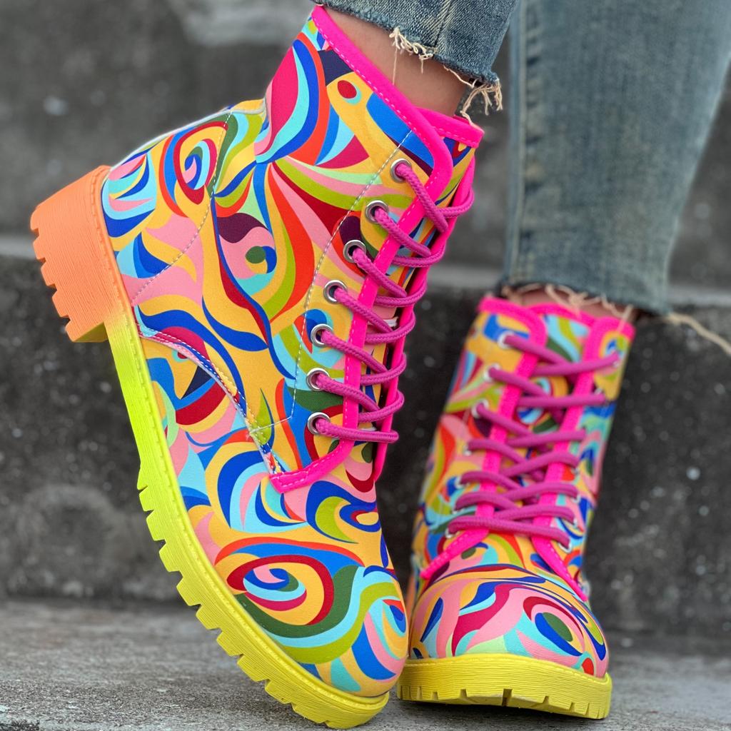 Dámské abstraktní barevné boty na masivním podpatku, Módní kotníkové boty se šněrováním, Pohodlné kotníkové boty