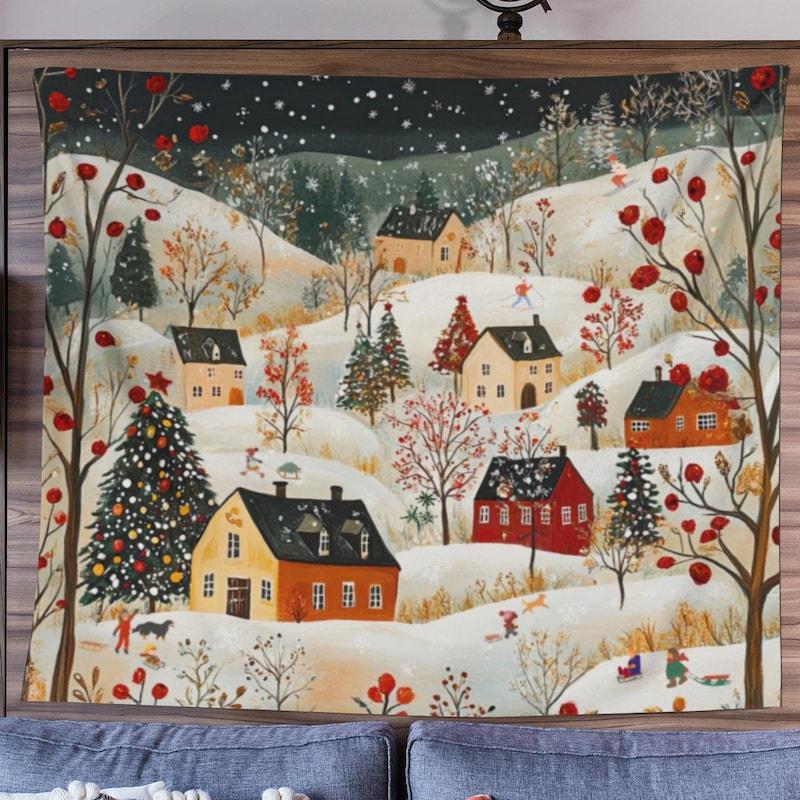 Retro village holiday winter wall tapestry 75x100 чёрный
