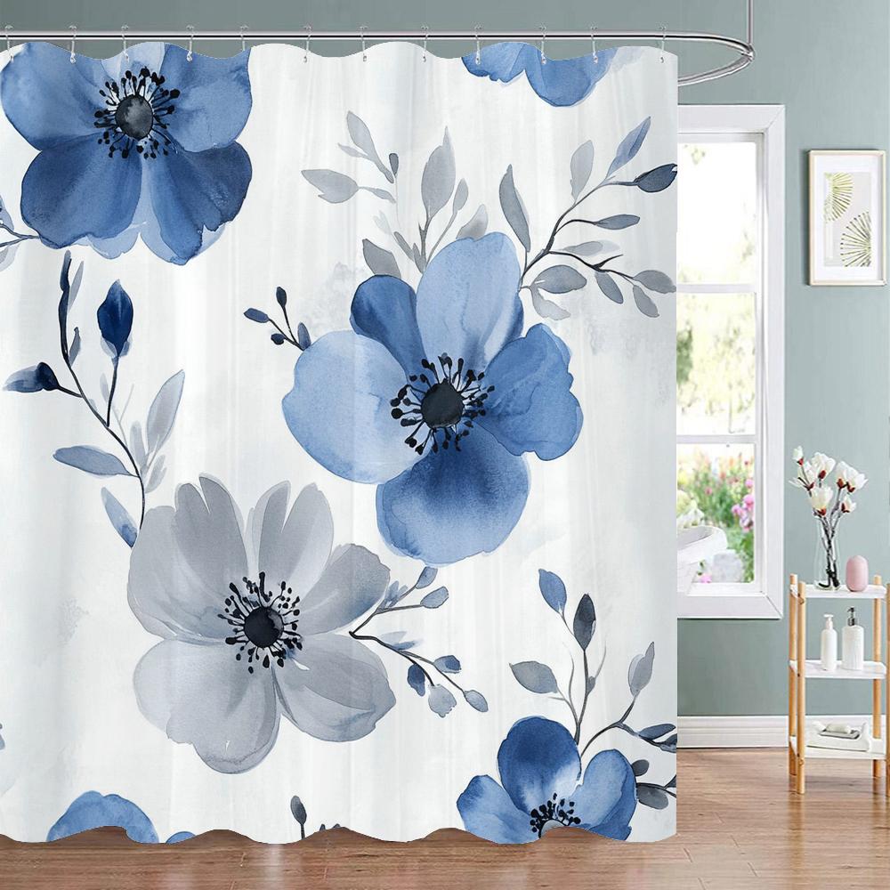 Beautiful and Elegant blue Flowers Pattern Shower Curtain,  Bathroom Decorative Shower Curtain,Home Curtain with Hooks