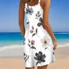 Women Plus Size Scoop Neck Thin Strap Sleeveless Printed Orange Loose Curved Hem Beach Dress