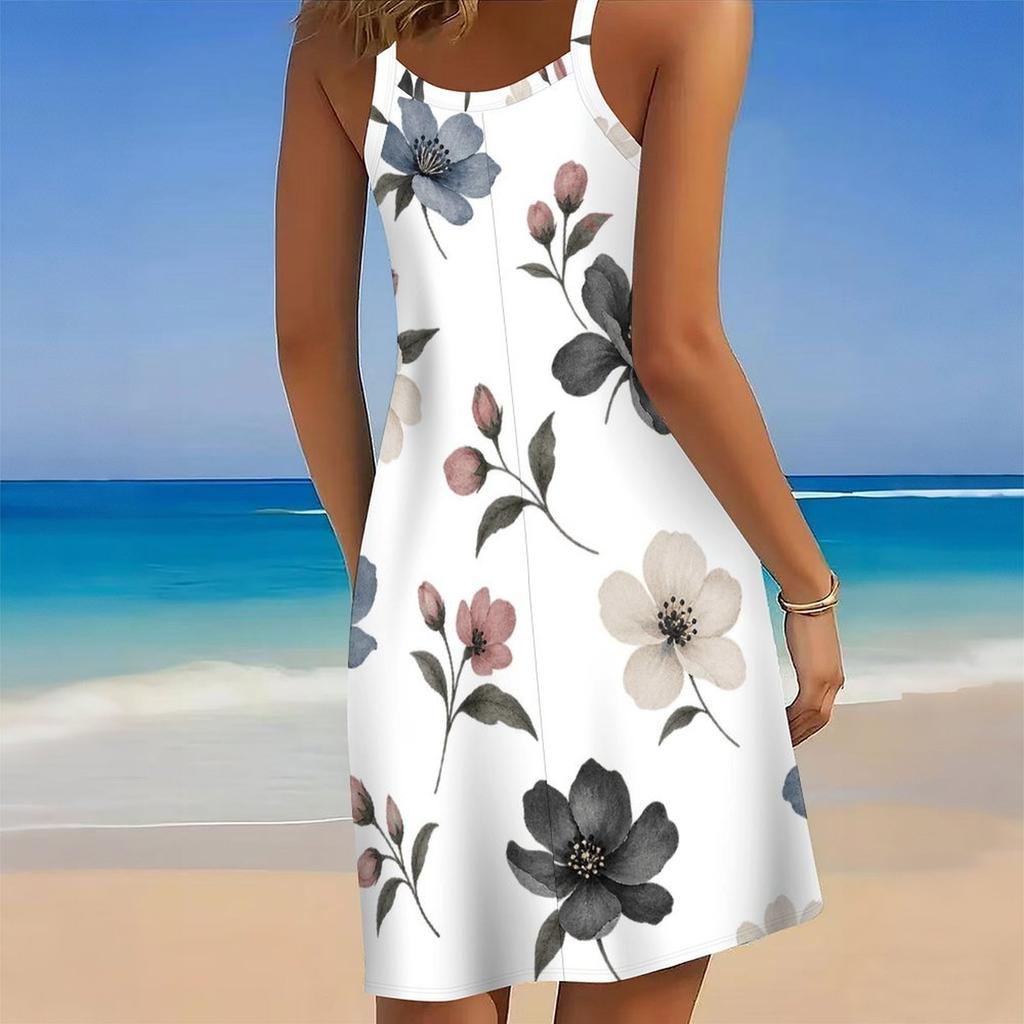 Women Plus Size Scoop Neck Thin Strap Sleeveless Printed Orange Loose Curved Hem Beach Dress