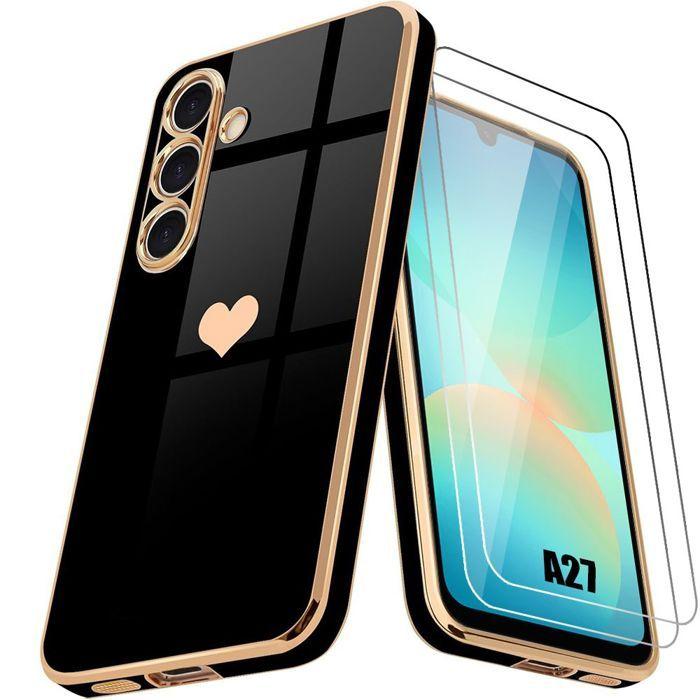 Case for Samsung Galaxy A27 5G, Silicone Heart Pattern Shockproof Anti-Scratch Black - 2 Tempered Glasses