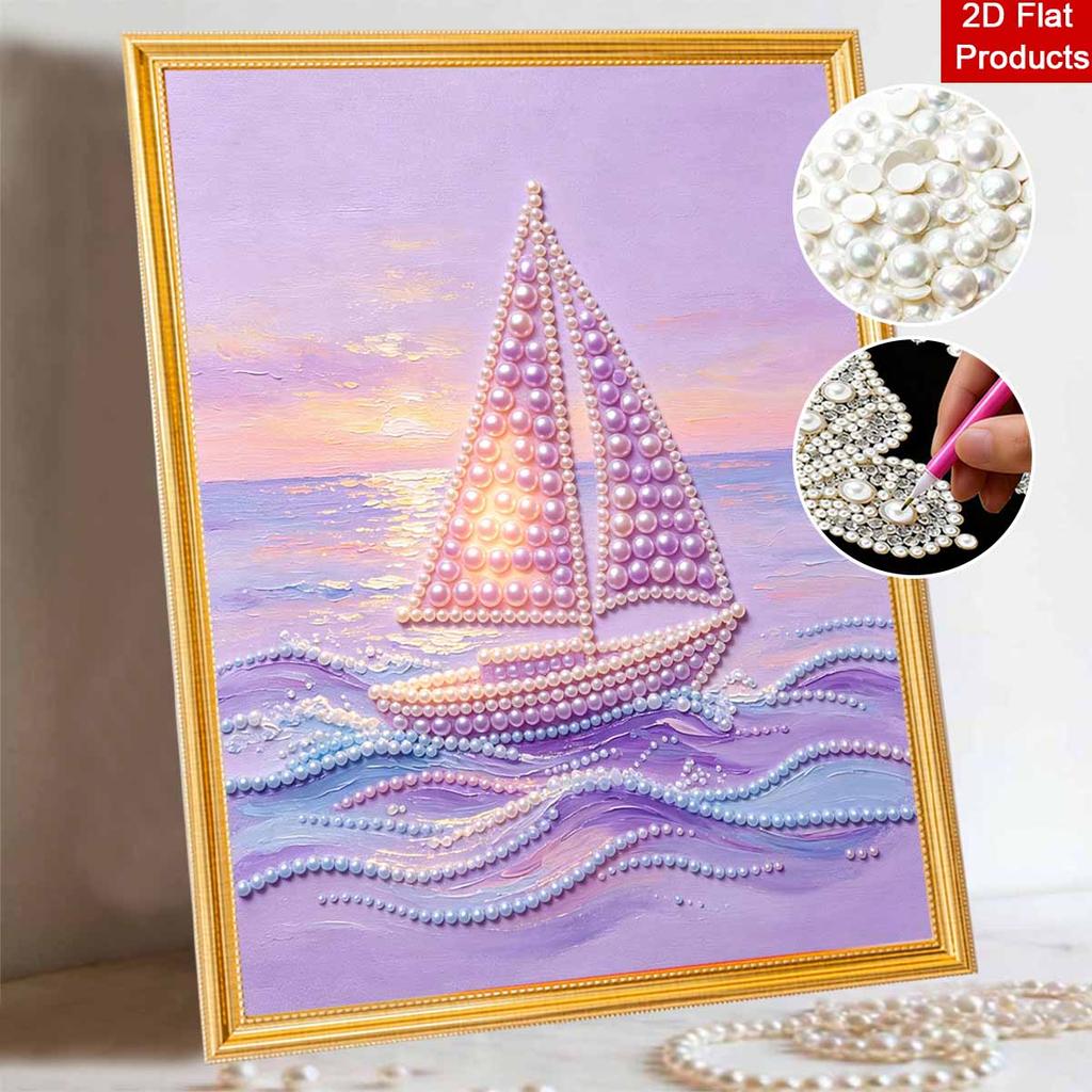 Rahmenloses Perlenmalerei DIY-Set Sonnenuntergang Segelboot auf See 3D Funkelndes Perlen Leinwand Entspannendes Kreatives Basteln für Kunstliebhaber