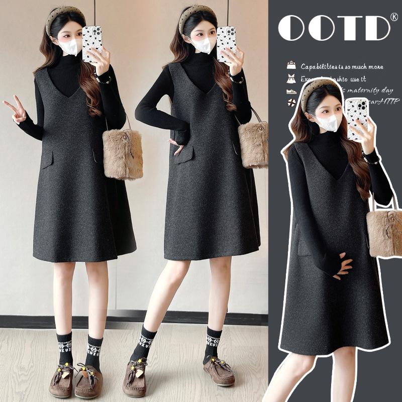 Autumn/Winter Korean Wool Maternity Plus Size Dress 2XL