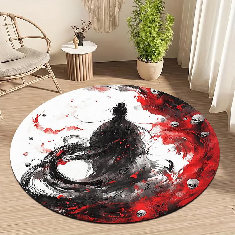 Dark-themed ink painting Flannel-printed round floor mats are slip-resistant Suitable living room bedroom terrace garden carpets