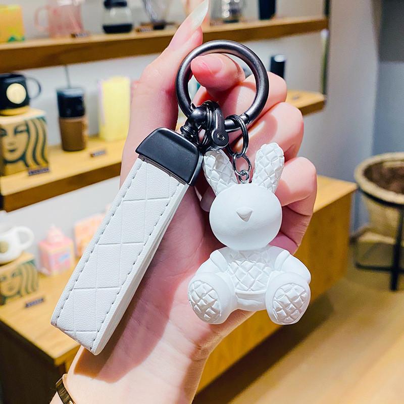 

Keychain Car With Cute Sitting Rabbit Adorable Leather Rope Key Accessory StyleA