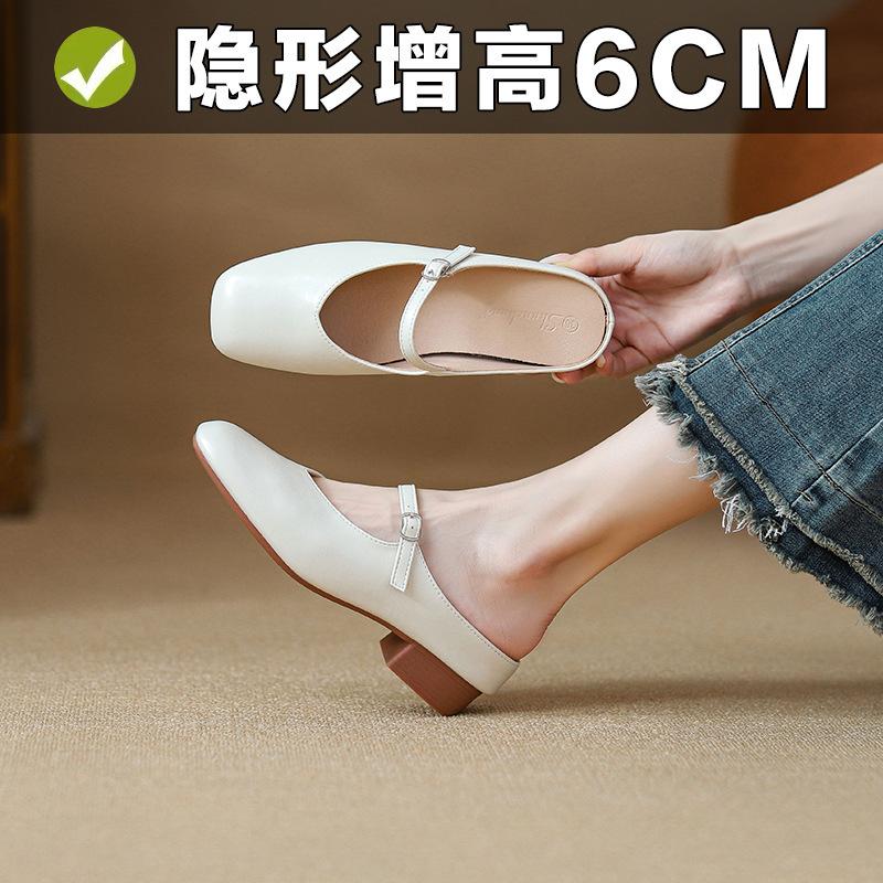 inner height increase 6CM bag head half slippers women's outer wear spring and autumn new thick heel small Mary Jane single shoes