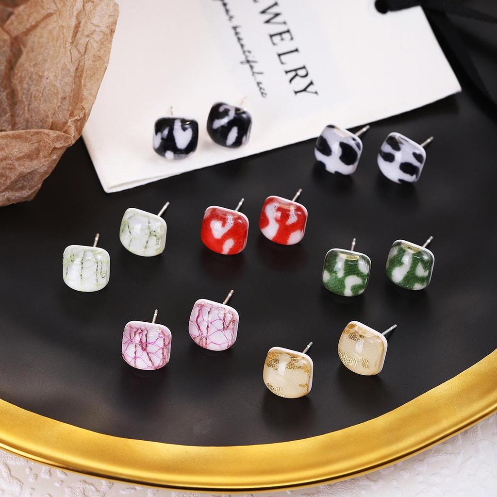 Colorful Square Print Ear Studs - Silver Needle Cute Earrings for Women, Autumn Winter High-End Sweet Luxury