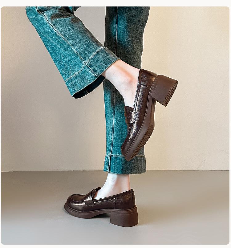 Versatile British Style Cowhide Mid-Heel Loafers - Retro Round Toe Slip-On Women's Shoes with 5cm Chunky Heel