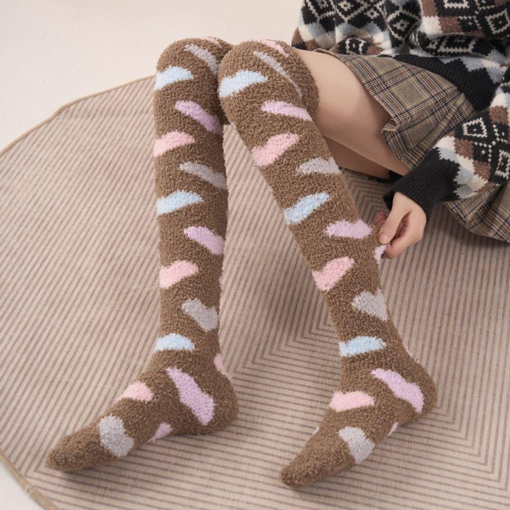 Heart Coral Fleece Stockings Thicken Warm Long Tube Socks Creative Floor Plush Stockings Autumn