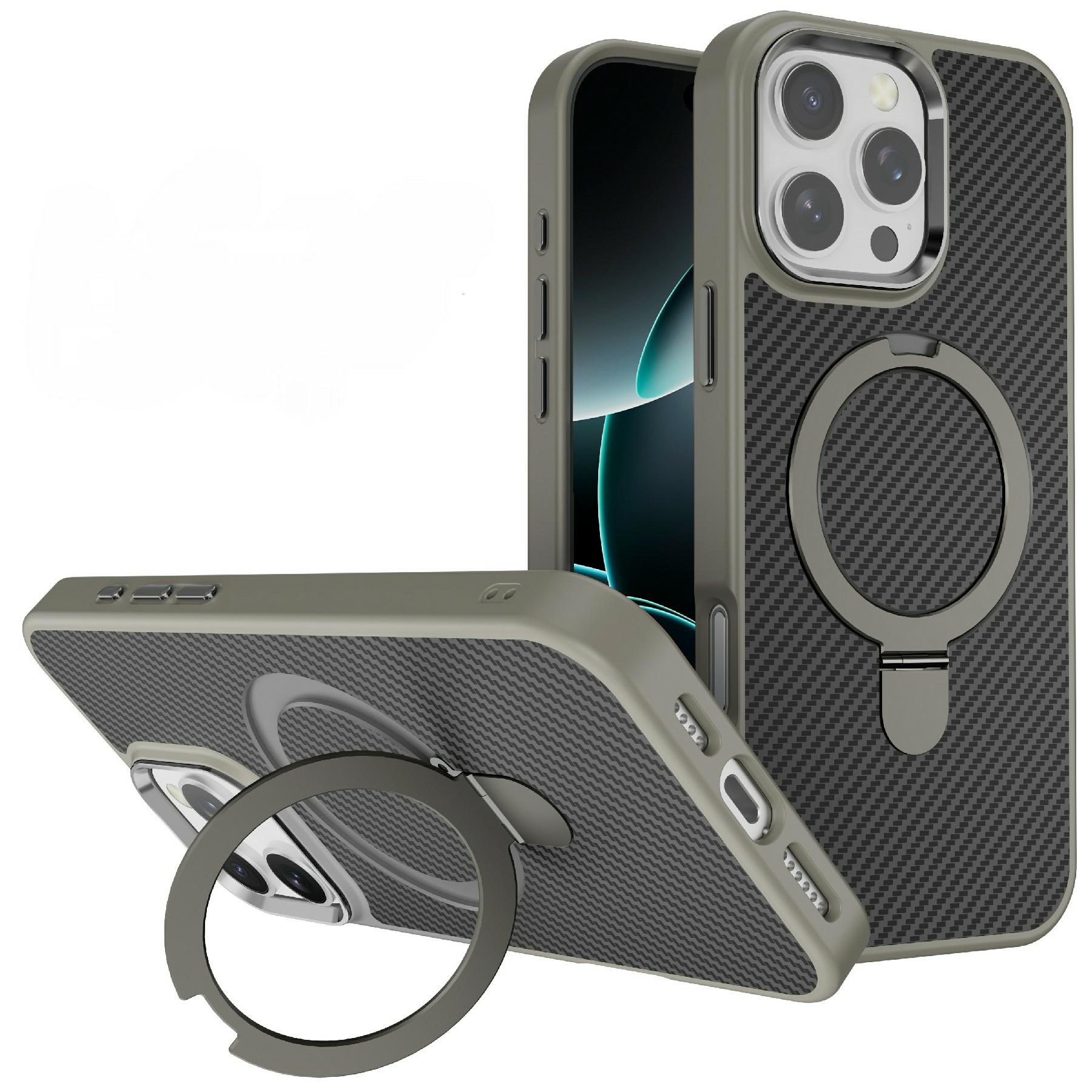 

For iPhone 16 Pro Max Case Compatible with MagSafe Kickstand Carbon Fiber Texture TPU+PC Phone Cover Grey