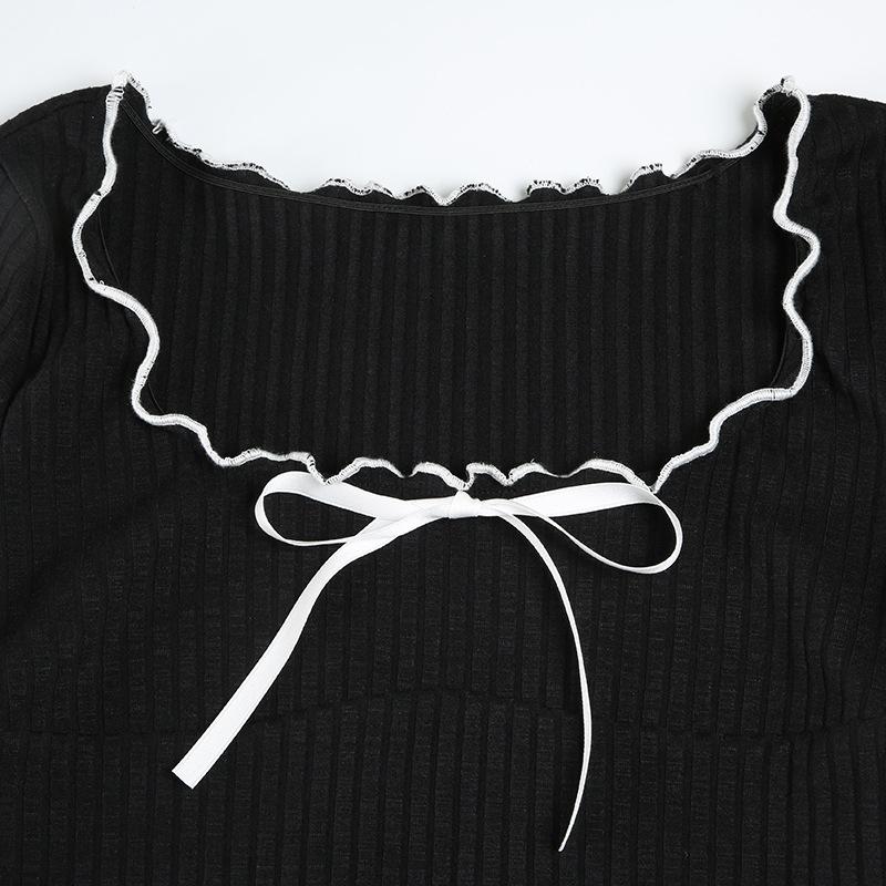 Women's Wavy Bow Sweet Color Contrast Age Reduction Waist Slimming Long Sleeved Dress