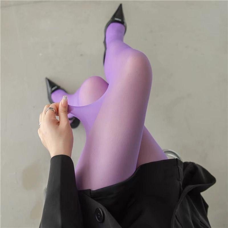 

Y2k Dopamine Multicolor Stretchy Pantyhose Women Sexy Transparent Stockings Ladies White Green Breathable Nylon Elastic Tights One Size фиолетовый