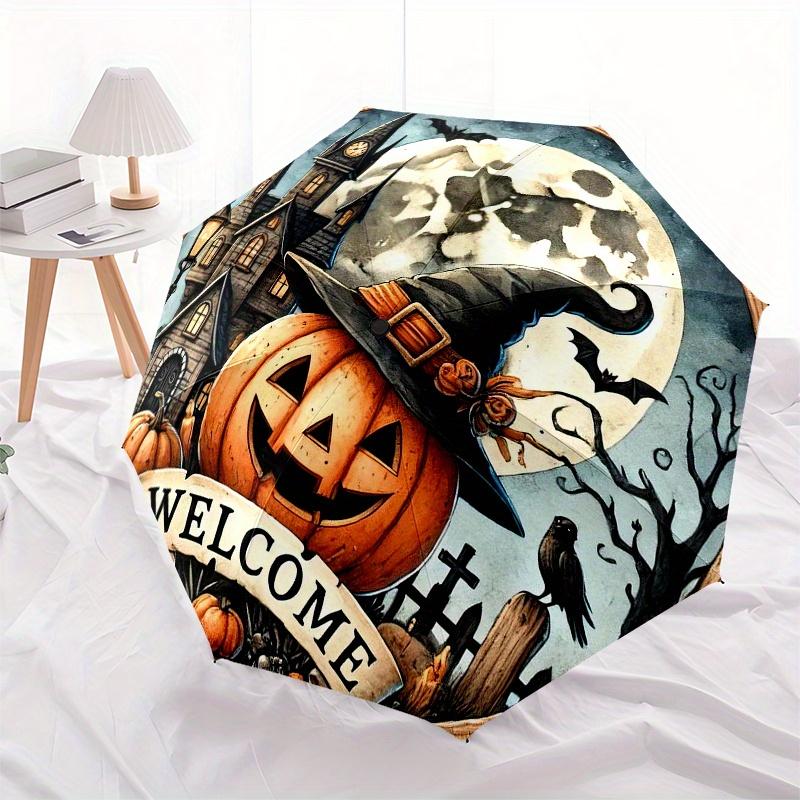 Halloween Welcome Sign with Witch Hat PumpkinFull Moon DecorUmbrella, Portable 3-Fold Compact Umbrella for Men & Women Gift