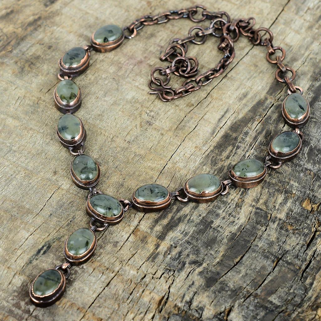 Moss Prehnite Gemstone Necklace Electroformed Copper Necklace Handmade Jewelry Adjustable Chain Necklace Electroformed Jewelry Gifts for Her