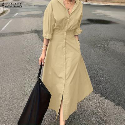 Women Casual Turn Down Collar Solid Color Long Sleeve Shirt Dress