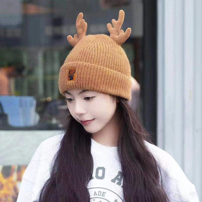 Christmas Gift Japanese Cute Antlers and Wool Hat for Women In Winter Warm Knitted Hats for Students Versatile Trend