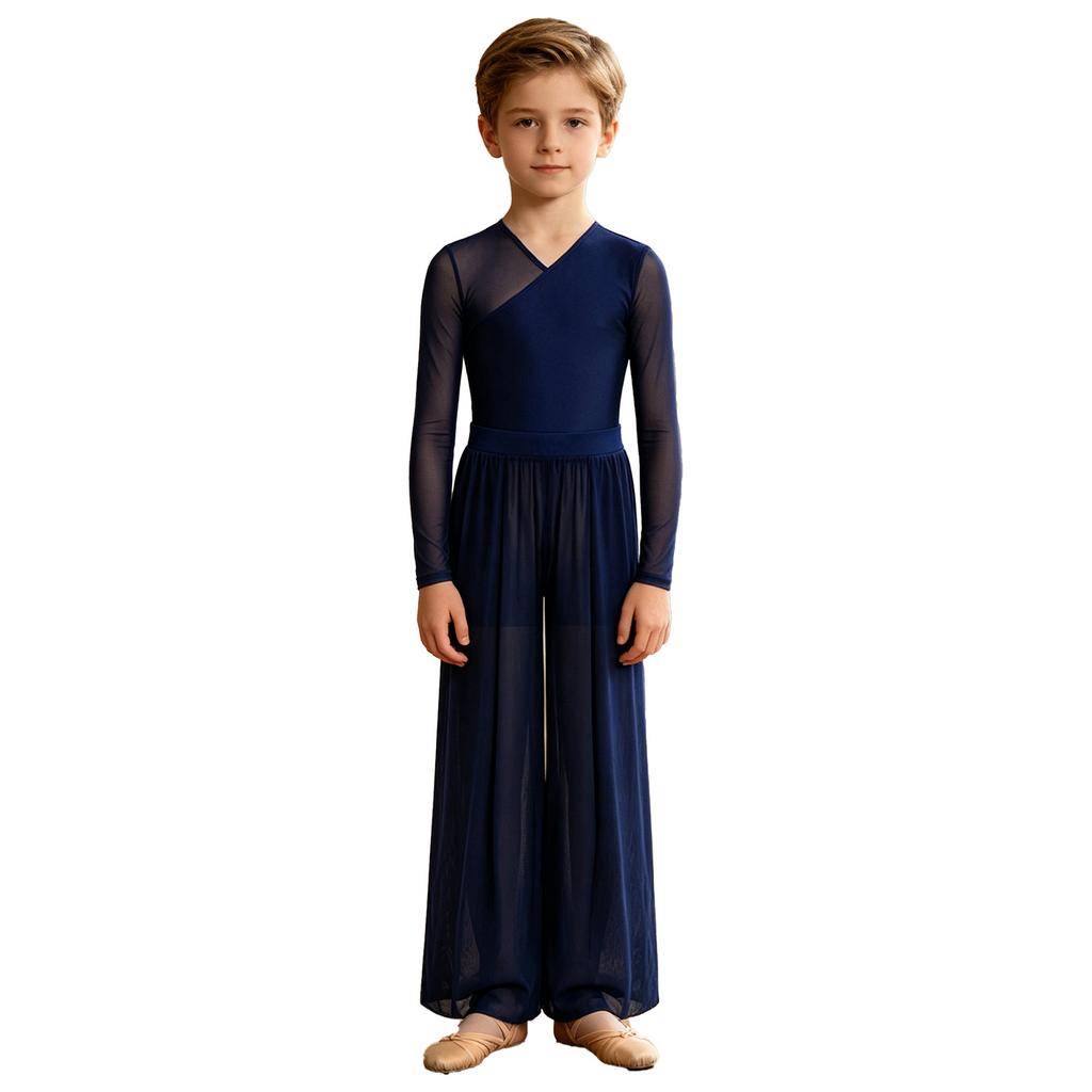 Boys Lyrical Dance Outfit Long Sleeve V-neck Back Invisible Zipper Bosyduit with Split Mesh Pants