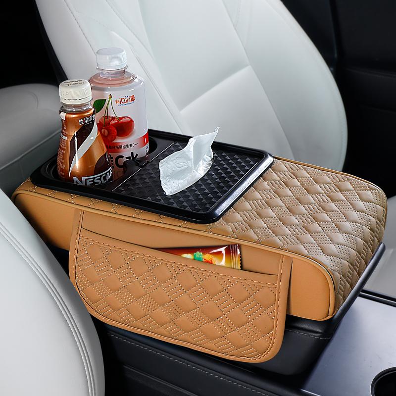 Multi-Function Car Armrest Pad with Cup Holder, Tissue Box & Side Storage Premium Napa Leather  Essential Comfort for Your Car