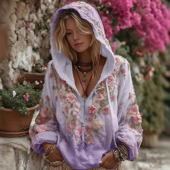 Women Tops 3D Flower Decor Hooded Zipper Sweatshirt Long Sleeve Loose Fit Autumn Winter Casual Sporty Outerwear