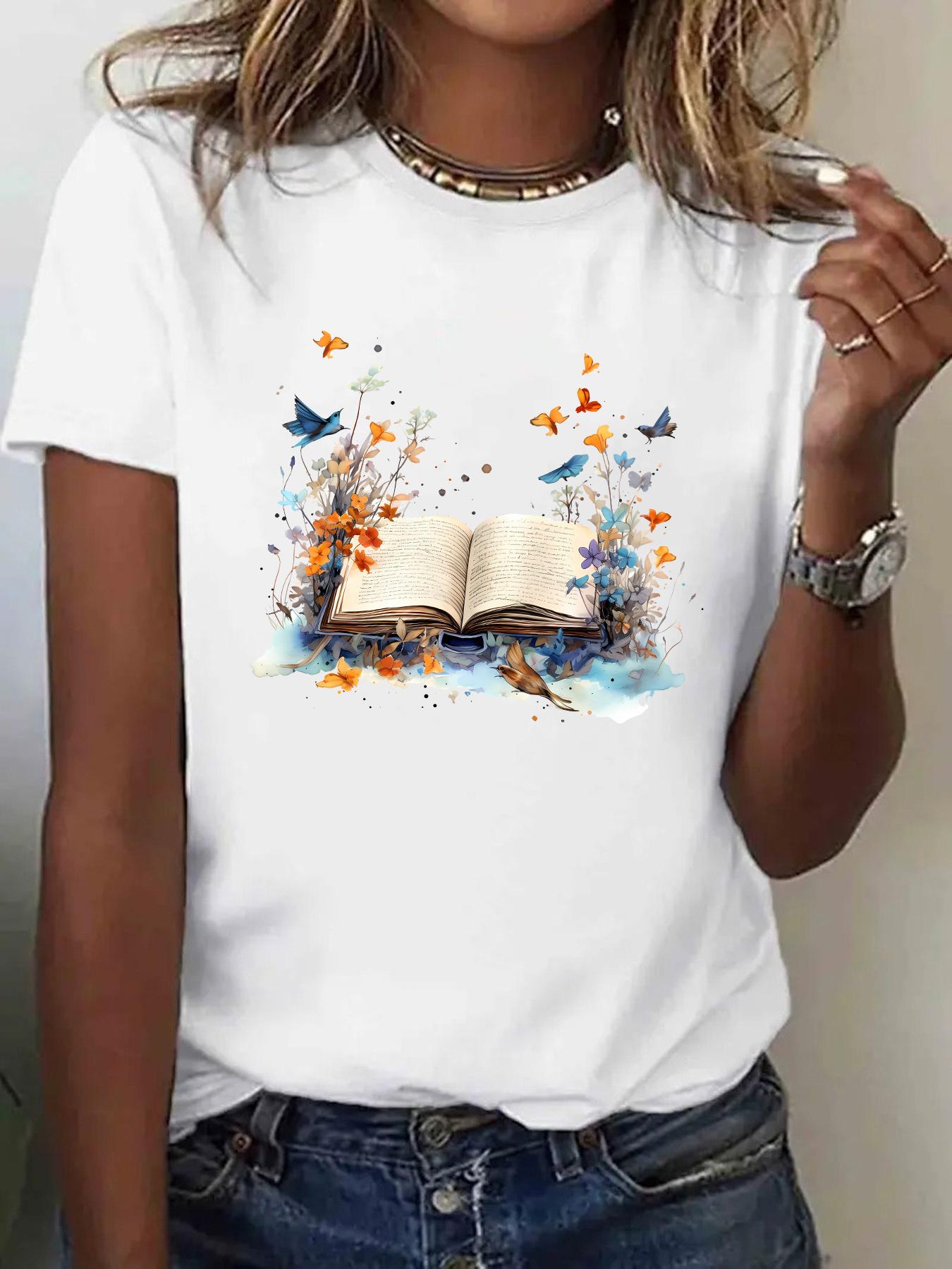 

Printed TShirt with Book and Butterfly Pattern Spring and Summer Round Neck Harajuku Short Sleeve Casual Aesthetic Clothes S
