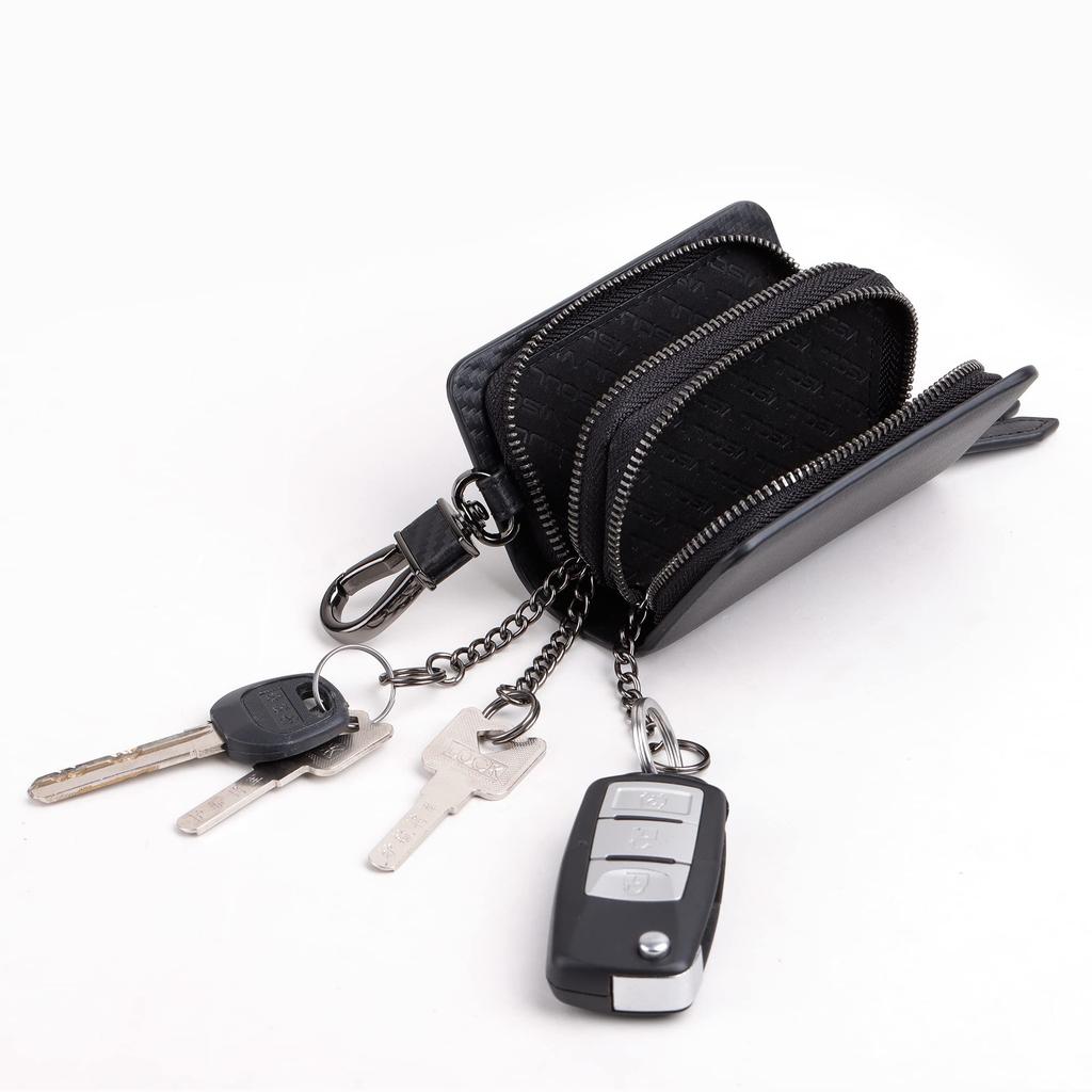 VISOUL Smart Key Case, 2-Key Capacity, Genuine Leather Smart Key Cover, Key Holder with Carabiner, Keyless Accessory for Men and Women, Carbon